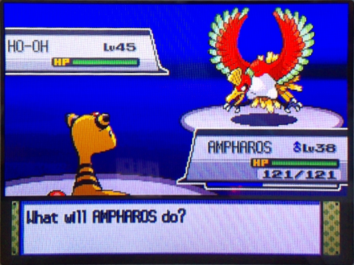 DS top screen cropped and straightened, showing Ho-Oh and Ampharos